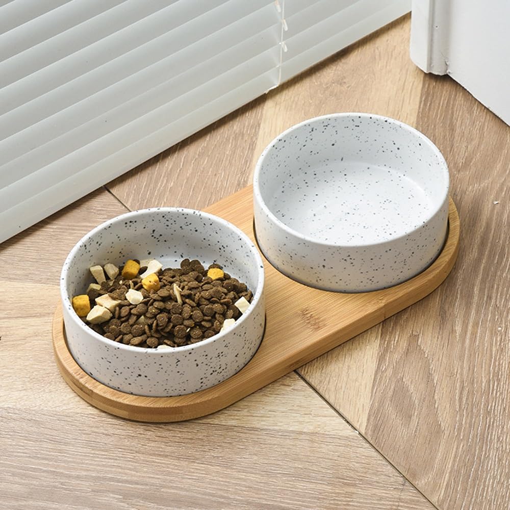Ceramiczna miska dla psa Obciążona miska na karmę dla psa z drewnianą podkładką Miska na karmę dla zwierząt, miska na mokrą lub suchą karmę i wodę, akcesoria dla kotów domowych(Single tray)