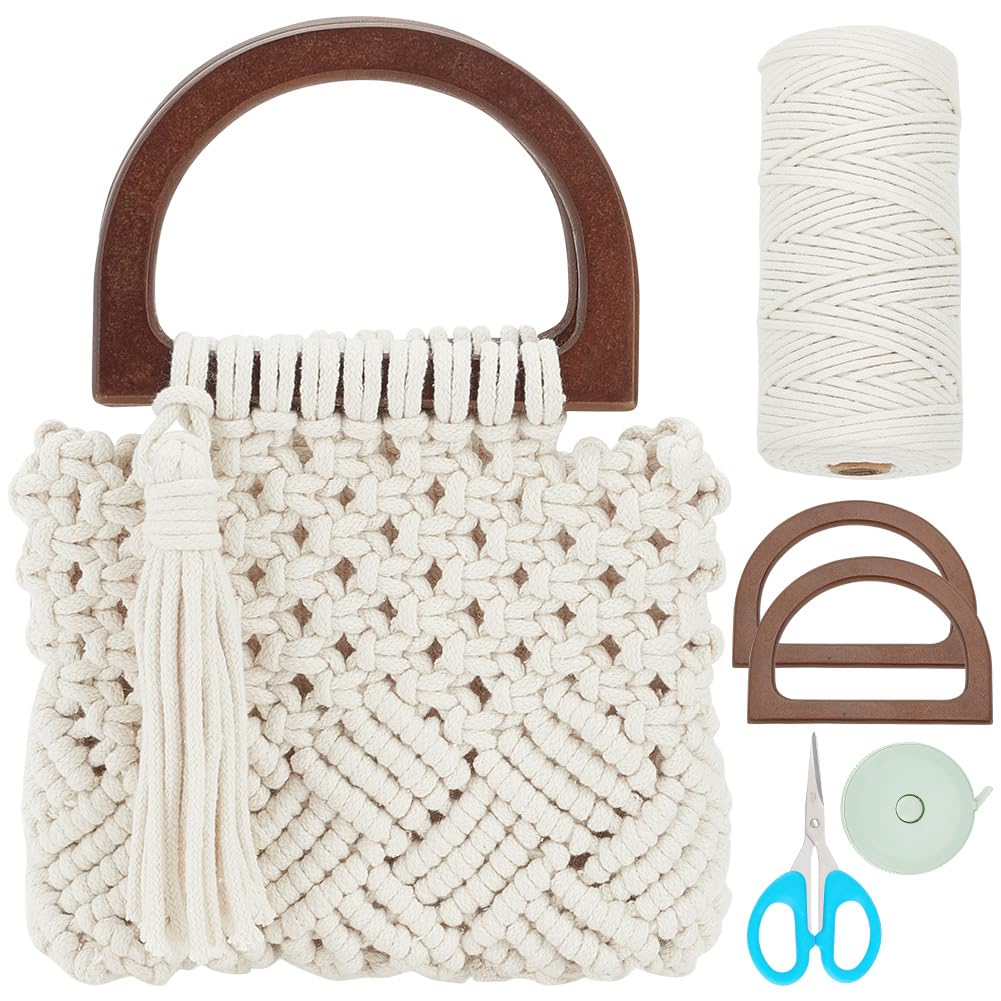 WEBEEDY Macrame Bag Kit for Adults Beginners, DIY Fringe Tassel Handbag Making Kit with Wooden Handle, Boho Tote Bag Kit for Women, Beach Holiday Christmas Decor Gift, 6.4x8.4