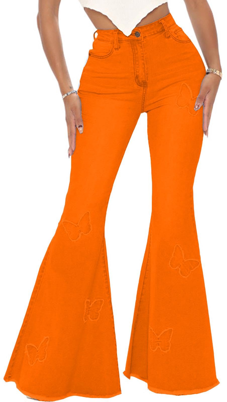 Women's Butterfly Bell Bottom Jeans Elastic High Waisted Embroidered Classic Flareed Jeans Raw Hem Denim Pants with Pocket: 3X-Large Orange
