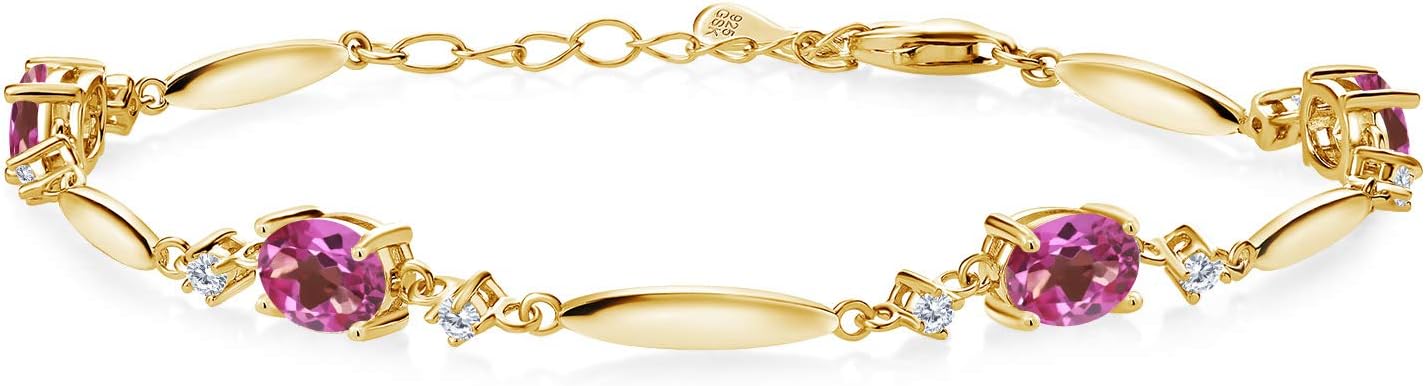 Gem Stone King 18K Yellow Gold Plated Silver Gemstone Birthstone and White Lab Grown Diamond Tennis Bracelet For Women | Oval 7X5MM and 2MM | 6 Inch + 1 Inch Extender | Fine Jewelry for Her Mom Wife