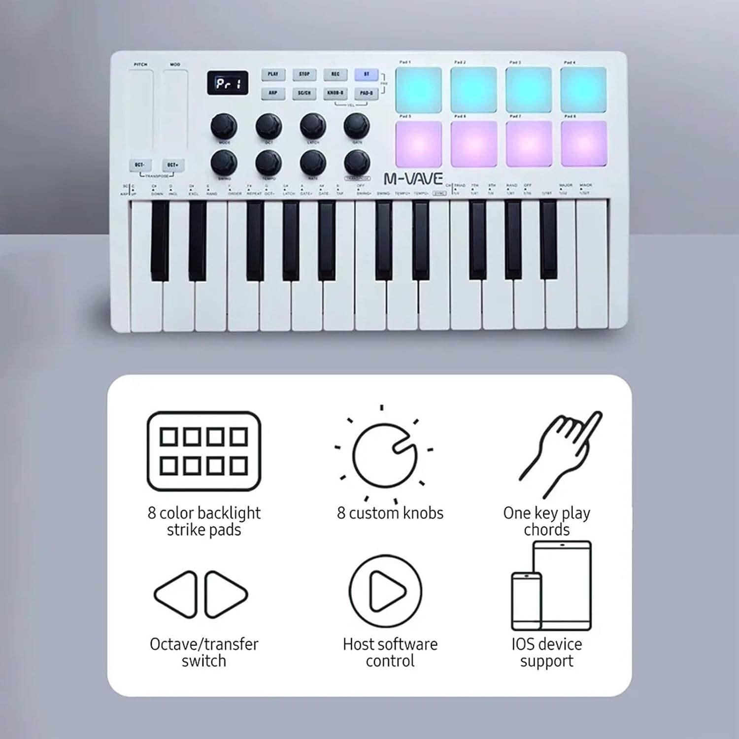 25 Key USB MIDI Keyboard Controller With 8 Backlit Drum Pads, Bluetooth Piano Keyboard Semi Weighted Professional Dynamic Keybed 8 Knobs and Music Production,Software Included (White)
