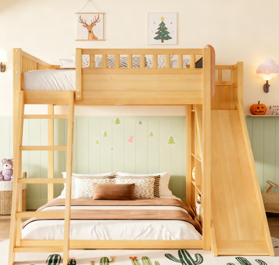 Image of Bellemave Bunk beds Full Over Full with Slide and Stair and upholstered headboard, Low bunk /loft Bed for Kids,Natural