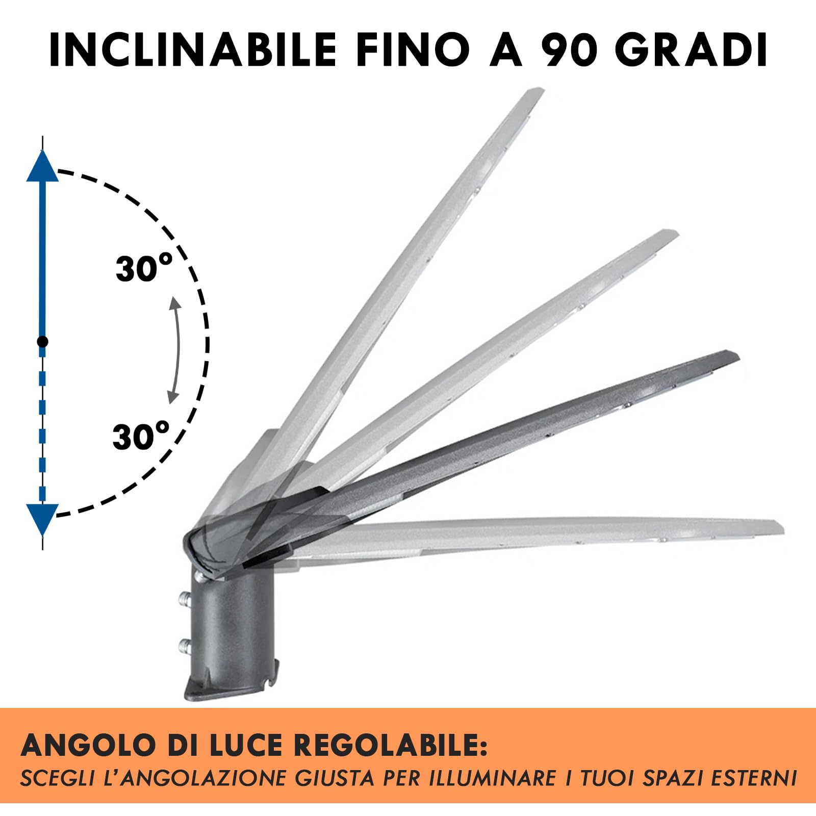 Planetitaly Faro armatura stradale IP65 esterno lampione LED 50W inclinabile 90 gradi luce viali sentieri giardino 4500lm 230V
