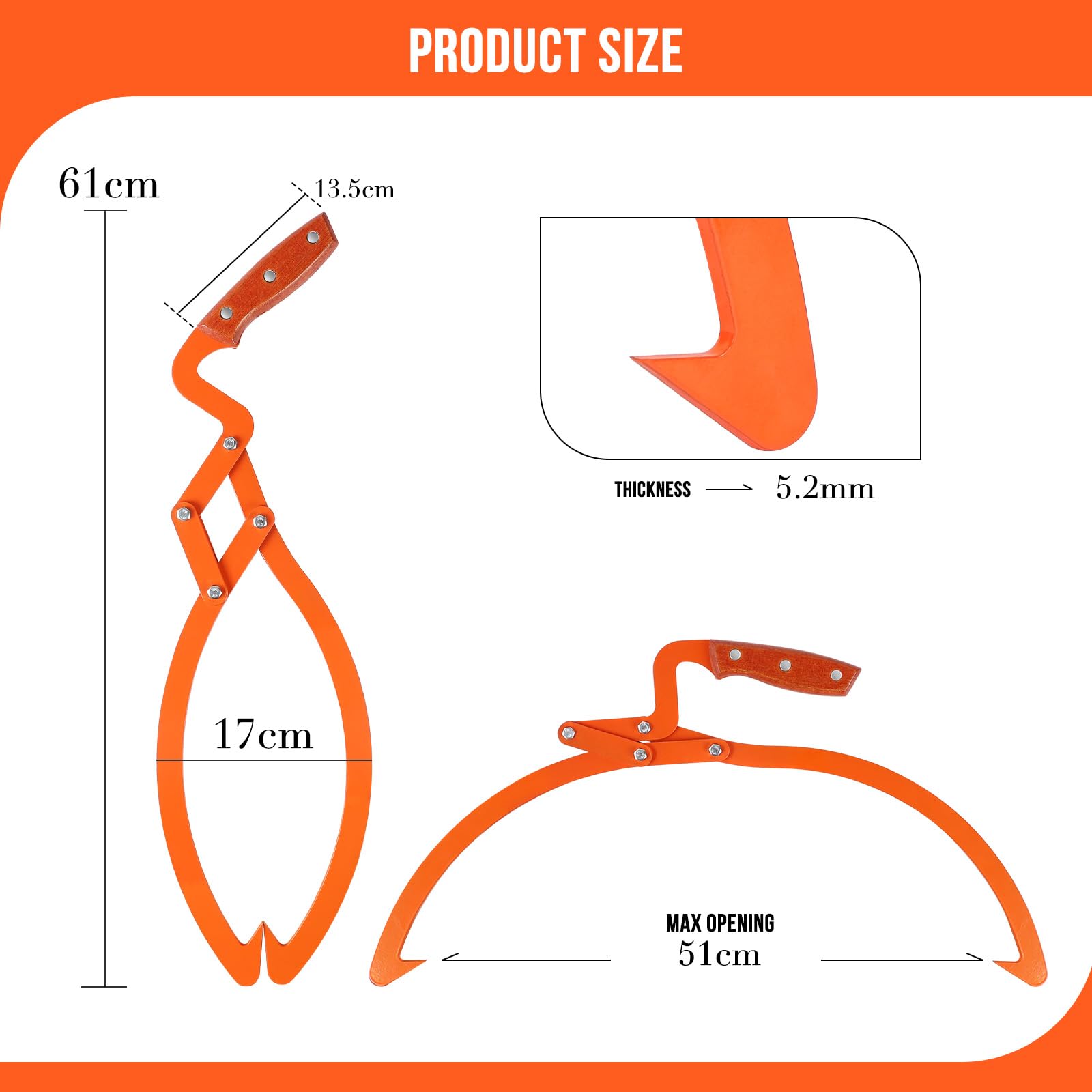 SWAWIS Pince Forestière pour Troncs en Acier Allié, Bûches Jusqu'à 20''(50.8cm), Capacité de Chargement 300Kg, pour Industrie Forestière, Transformation du Bois, Transport de Bois à Domicile(Orange)