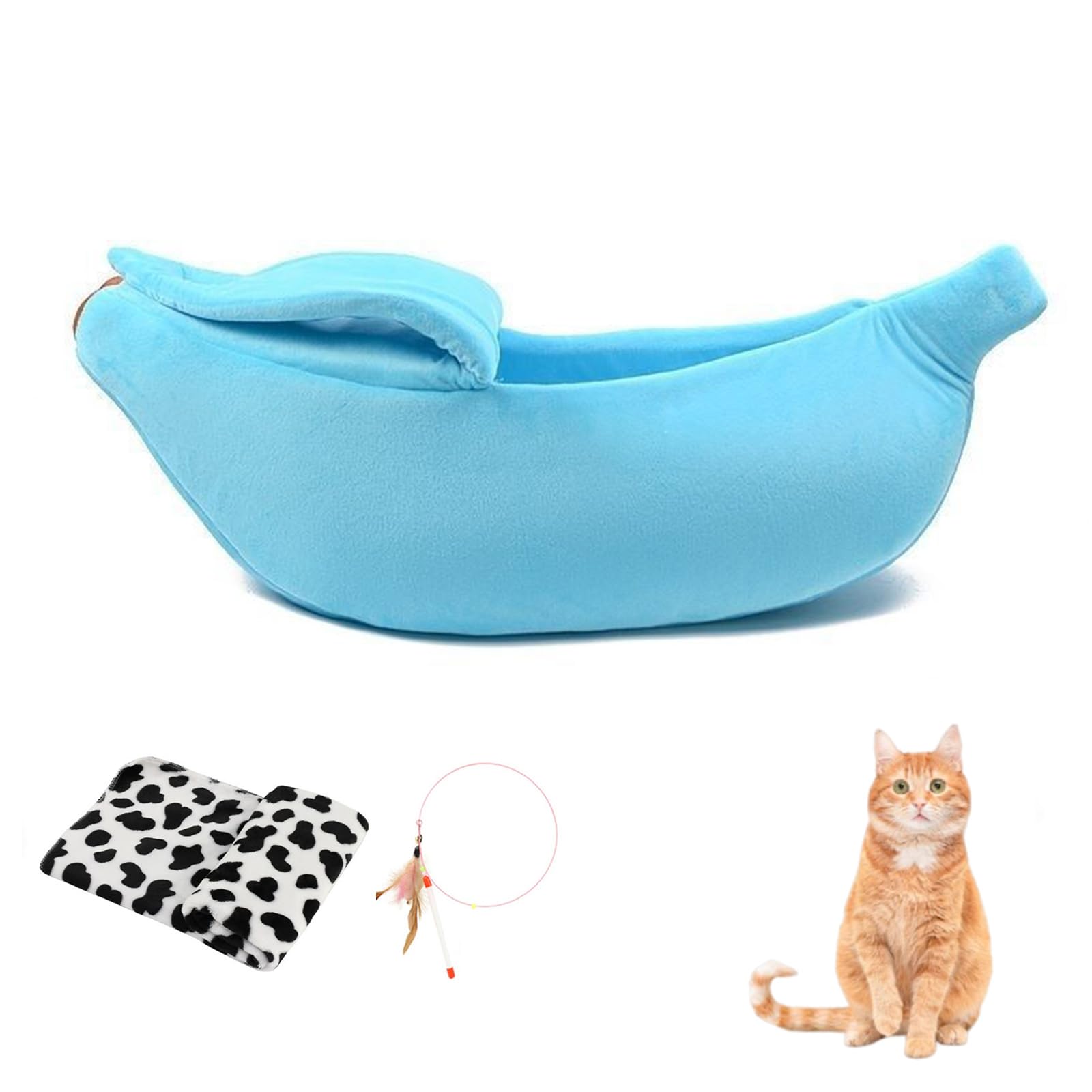 Banana Bed for Cats, Creative Banana Shape Pet Bed, Cute Breathable Cozy Warming Pet Sofa Bed for Cats Small Dogs Universal in All Seasons (Blue+Blanket, 45 * 15 * 10cm)