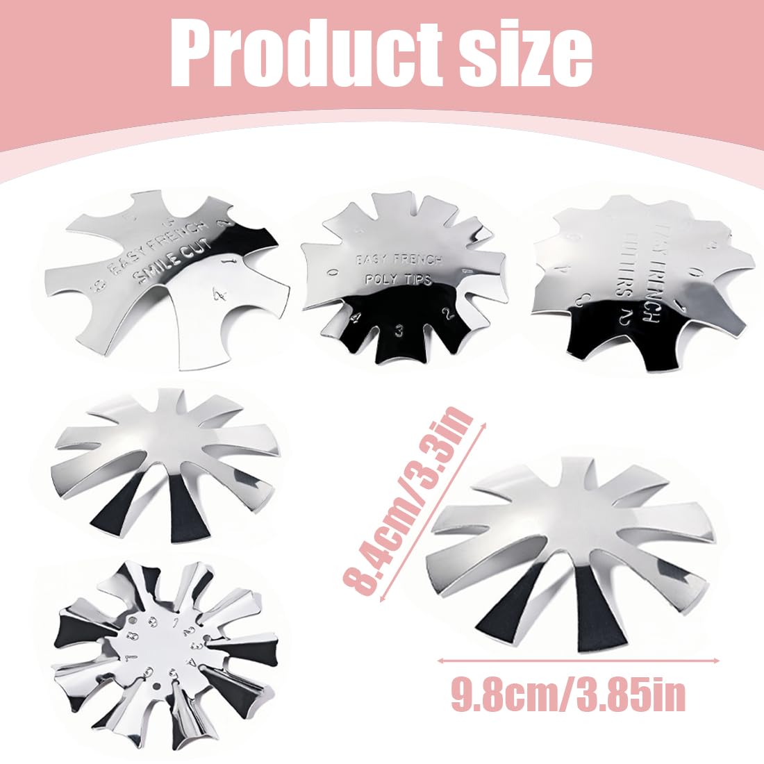 SGERUFZ 5 Piezas French Smile Line Edge Trimmer Cutter,Francesas Cortadores de Uñas Plantillas,Nail Art Edge Recortador Metal Plantilla Cutter Acrílico UV Gel Modelar(Plata)