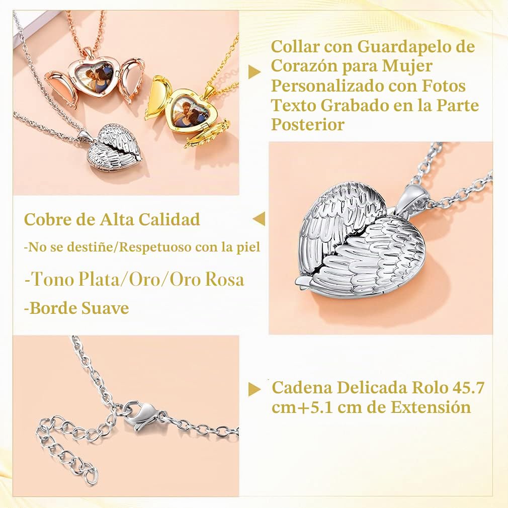 Custom4U Collar Foto Personalizada Mujer Alas de Angel Colgante Corazón Romántico Joyería Memorial Pareja Regalo Día Valentín Aniversario