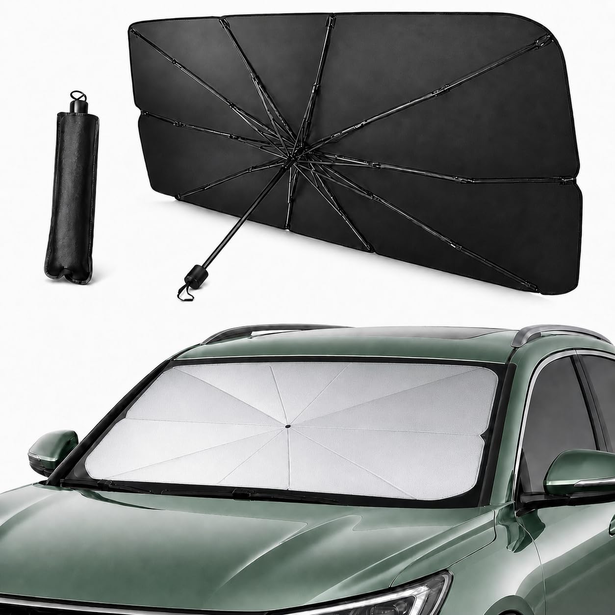 AlfaHome - Parasol Coche Delantero Paraguas Plegable con Funda – (140x80 cm) - Protección UV, Reduce el Calor Interior en Minutos, Parasol Coche Paraguas