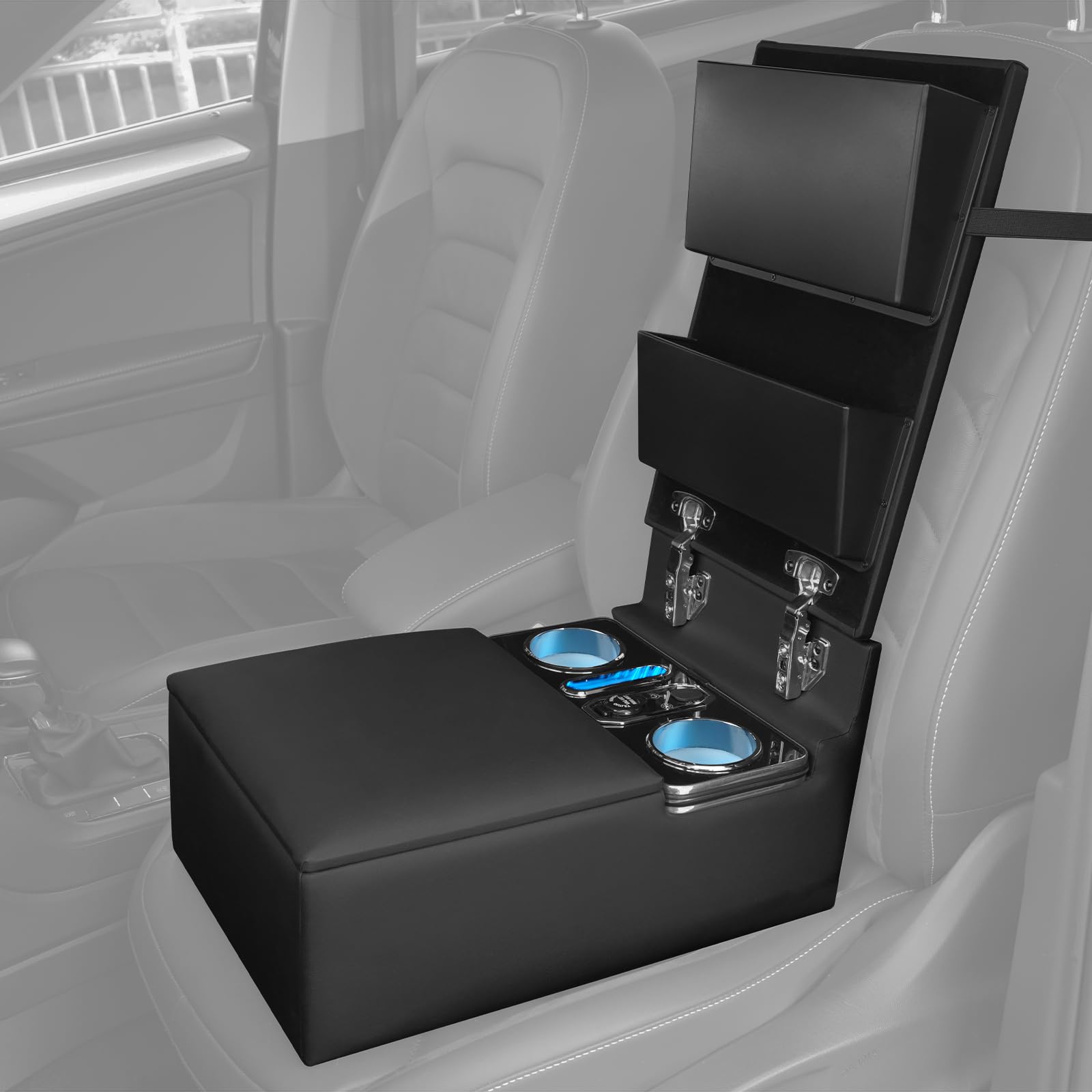 [EU Patent] CarManager Auto Organizer AutoOffice für Beifahrersitz Dokumentenordnung Lederoptik 7 Farben LED Becherhalter Type‑C Ladeanschluss Zigarettenanzünde – für Auto&Transporter