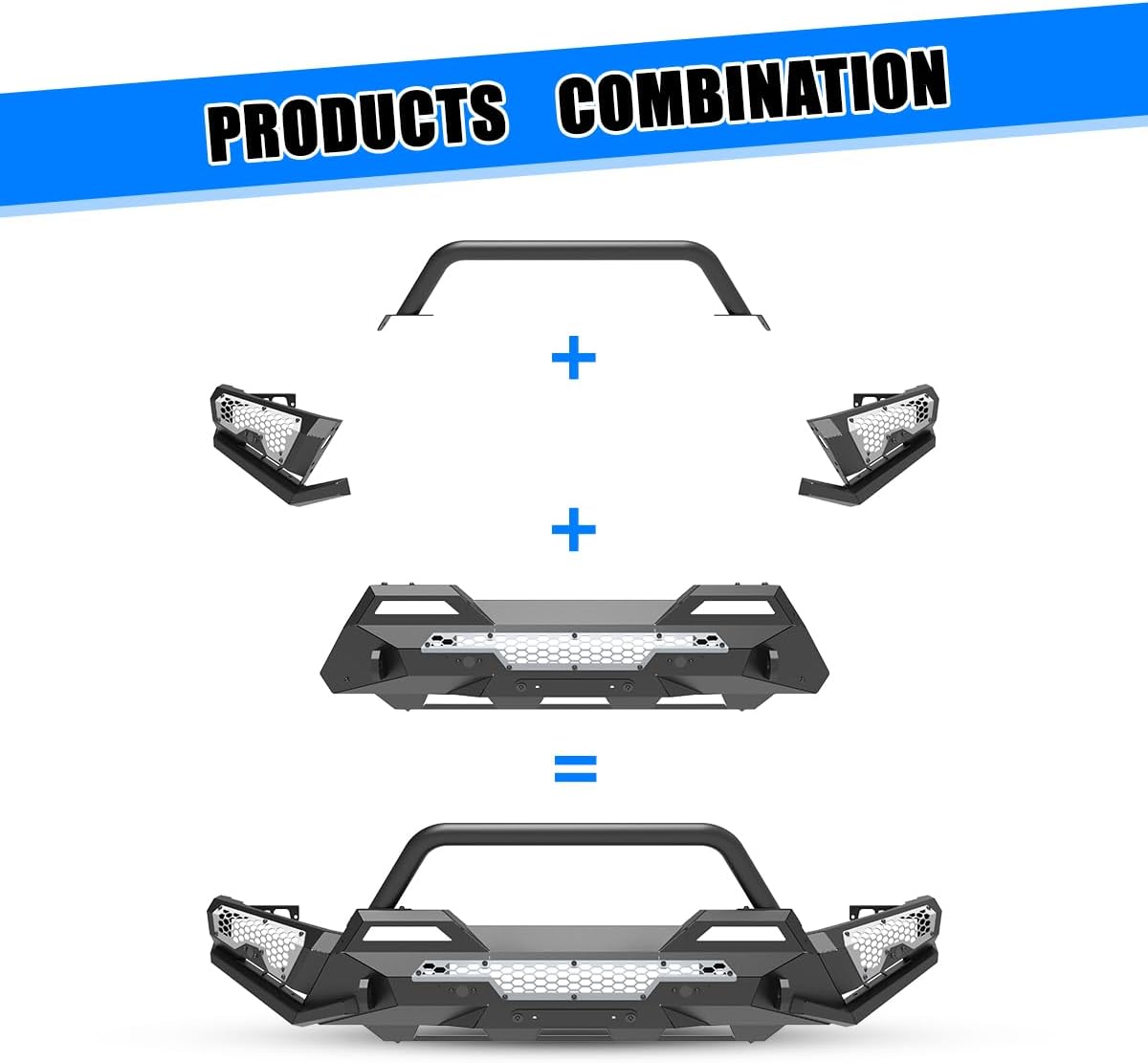 WOLFSTORM Front Bumper for Toyota Tacoma 2024-2026 Heavy-Duty Steel Bumper With Licence Plate Mounting Holes,paintable trim,Pod Light Mounting Bracket,LED Lights & D-rings(Bumper+Wings+Bull Bar)
