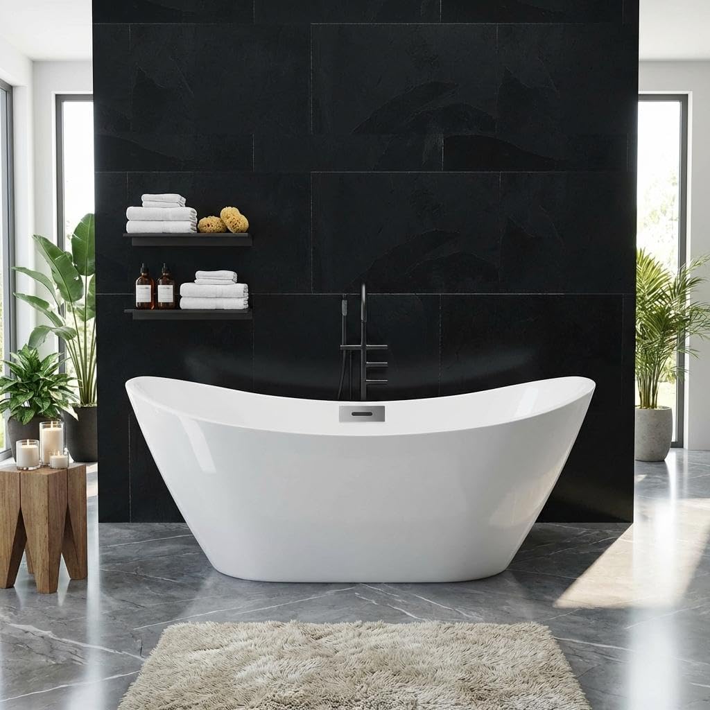 Freestanding Bathtub, Acrylic, Deep Soaking Tub with Non-Slip Surface, Modern Free Standing Bath Tub, Chrome Drain, CUPC Certified, Easy Install, Space-Saving Bathtub for Bathrooms, White, 67''