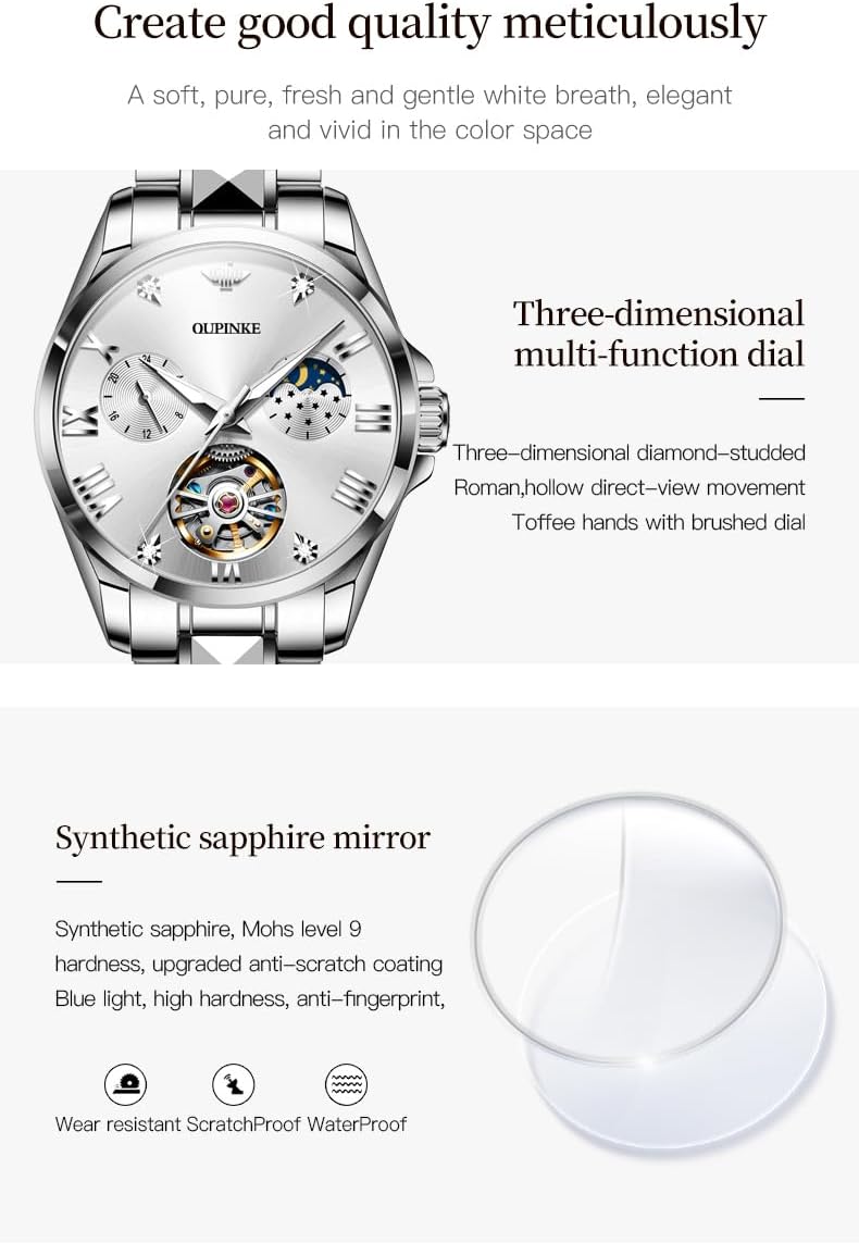 OUPINKE Women Automatic Watches Luxury Diamond Flywheel Two-Tone Stainless Tungsten Steel Band Moon Phase 24 Hours - Image 5