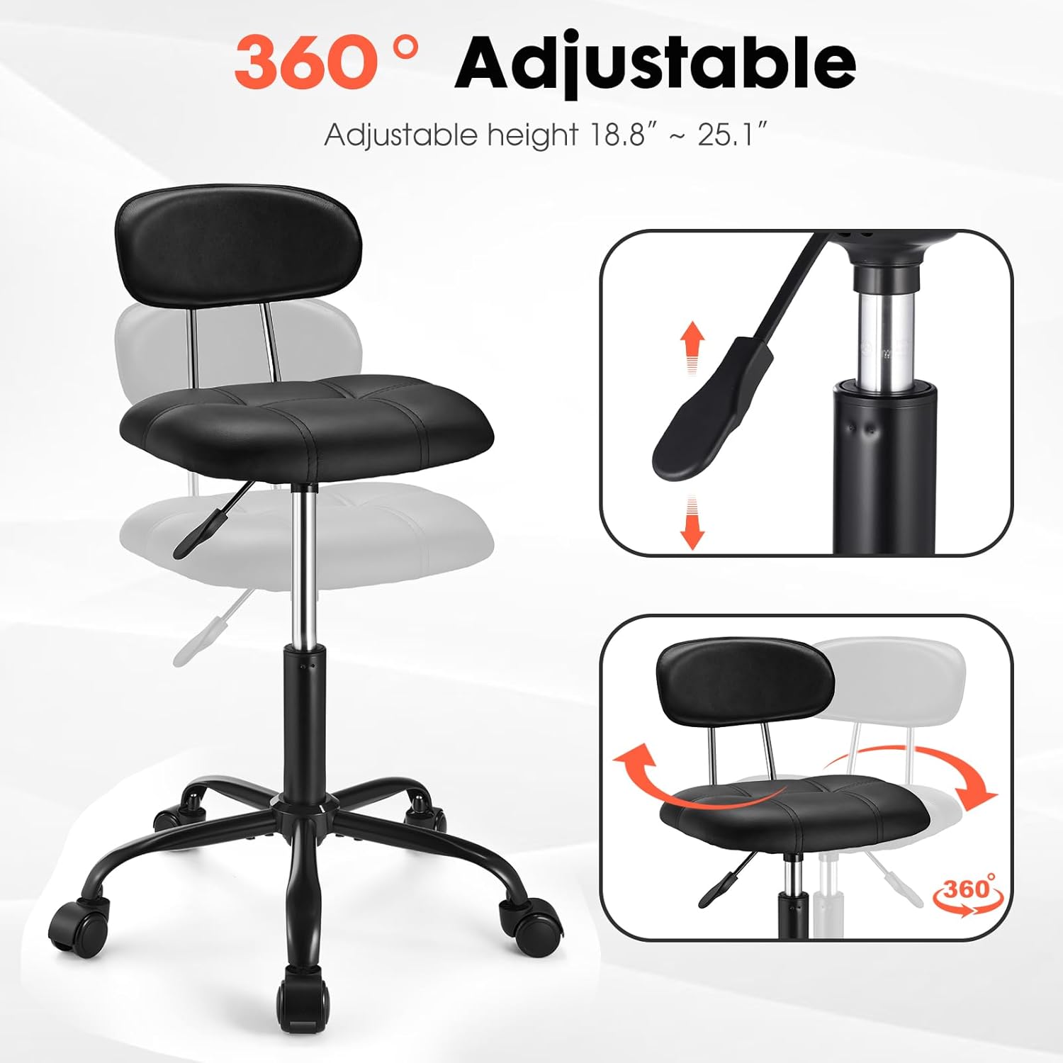Square Rolling Stool with Backrest Height Adjustable Chair Swivel Drafting Chair Stool Chair with Wheels Stable Base Foot Black
