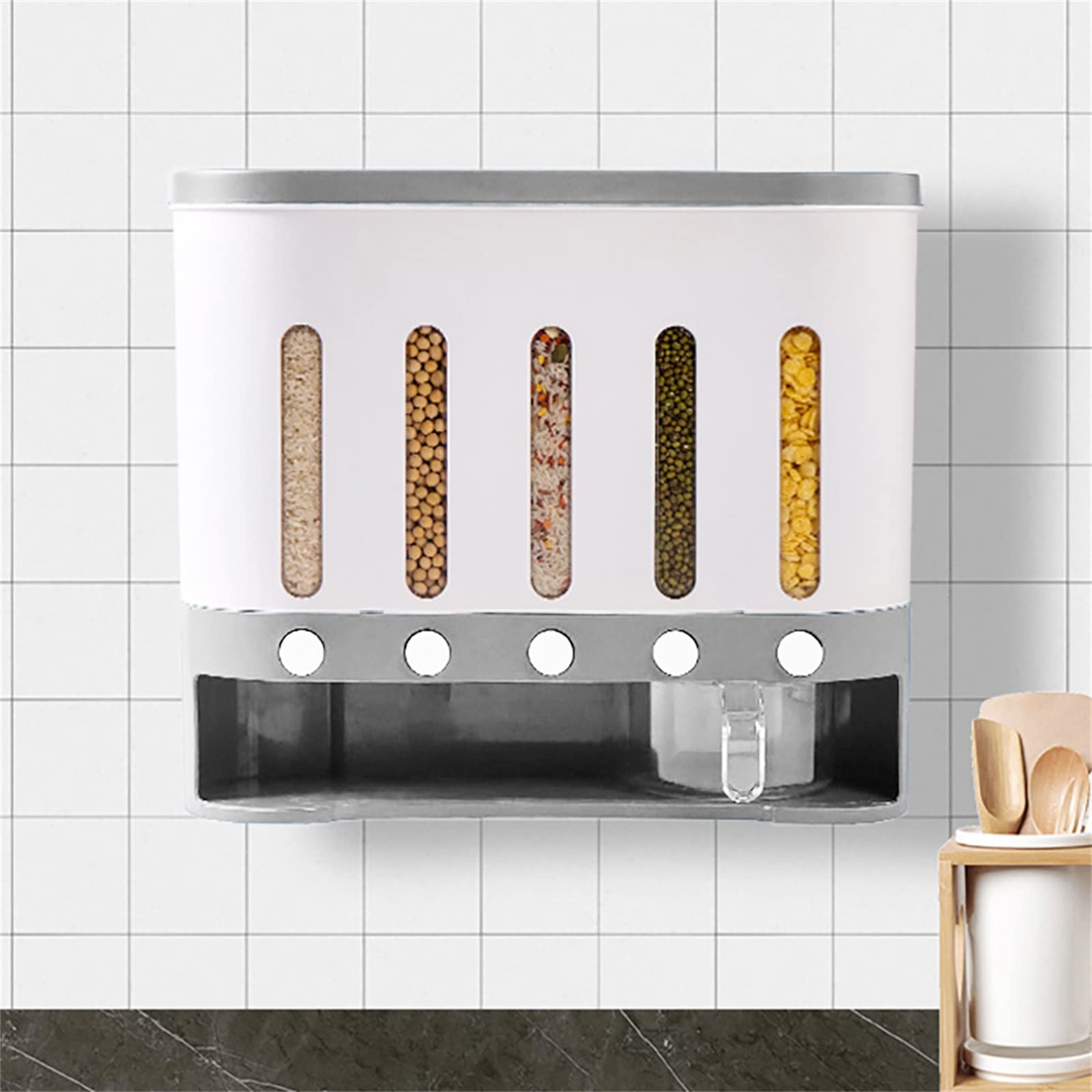 Dispensador de alimentos secos de 5 rejillas, 10 L, montado en la pared, dispensador de alimentos secos, contenedor de almacenamiento de alimentos secos para el hogar y la cocina