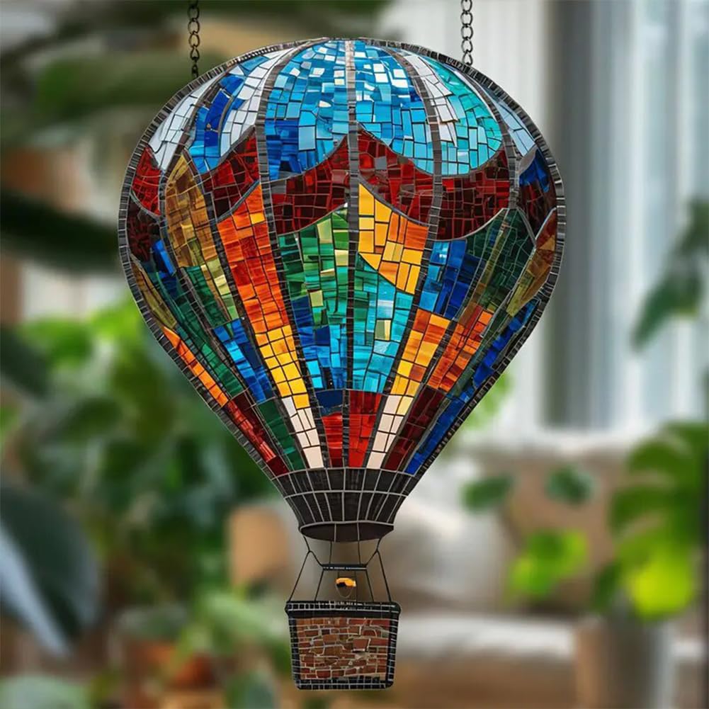 Hot Air Balloon Sun Catcher Colorful Stained Hangable Ornament 2d Flat Acrylic Hanging Pendant for Outdoor Garden Terrace Yard Balcony Patio