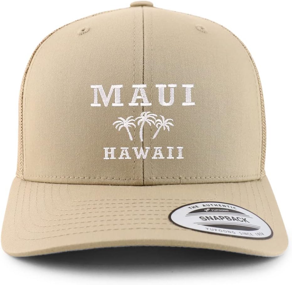 Trendy Apparel Shop Maui Hawaii with Palm Tree Embroidered Retro Trucker Mesh Cap
