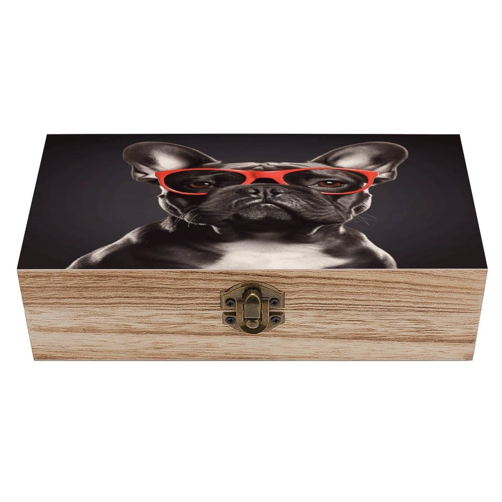 VstaDank French Bulldog Wooden Box with Hinged Lid Handmade Wooden Jewelry Boxs Organizer Personalized Woodens Keepsake Box for Pictures Wedding Photo Jewelry Decorative Chest Rustic Crate