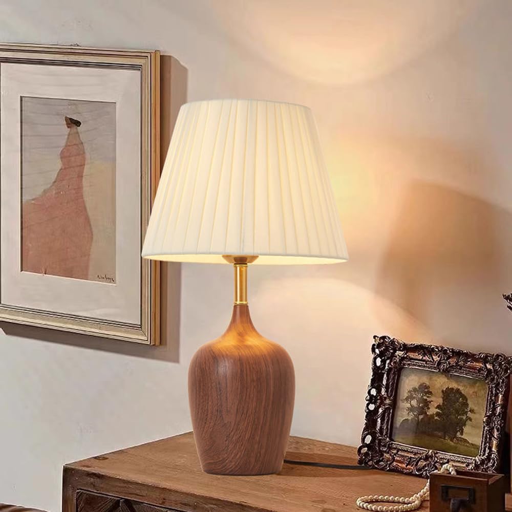 Mengjay Lampe de Table Chambre Vintage,Lampe de Table en Bois E27,Lampe de Bureau avec Abat-Jour en Tissu,Déco Veilleuse pour Chambre,Salon,Bureau,Hôtel,Café