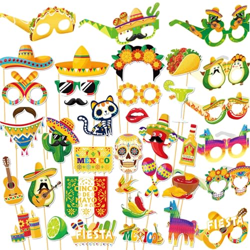 Qpout 30 peças acessórios para fotos de festa mexicana com 8 óculos de papel, decorações para festas de carnaval mexicano, acessórios para selfies, suprimentos para cinco de maio, festa temática