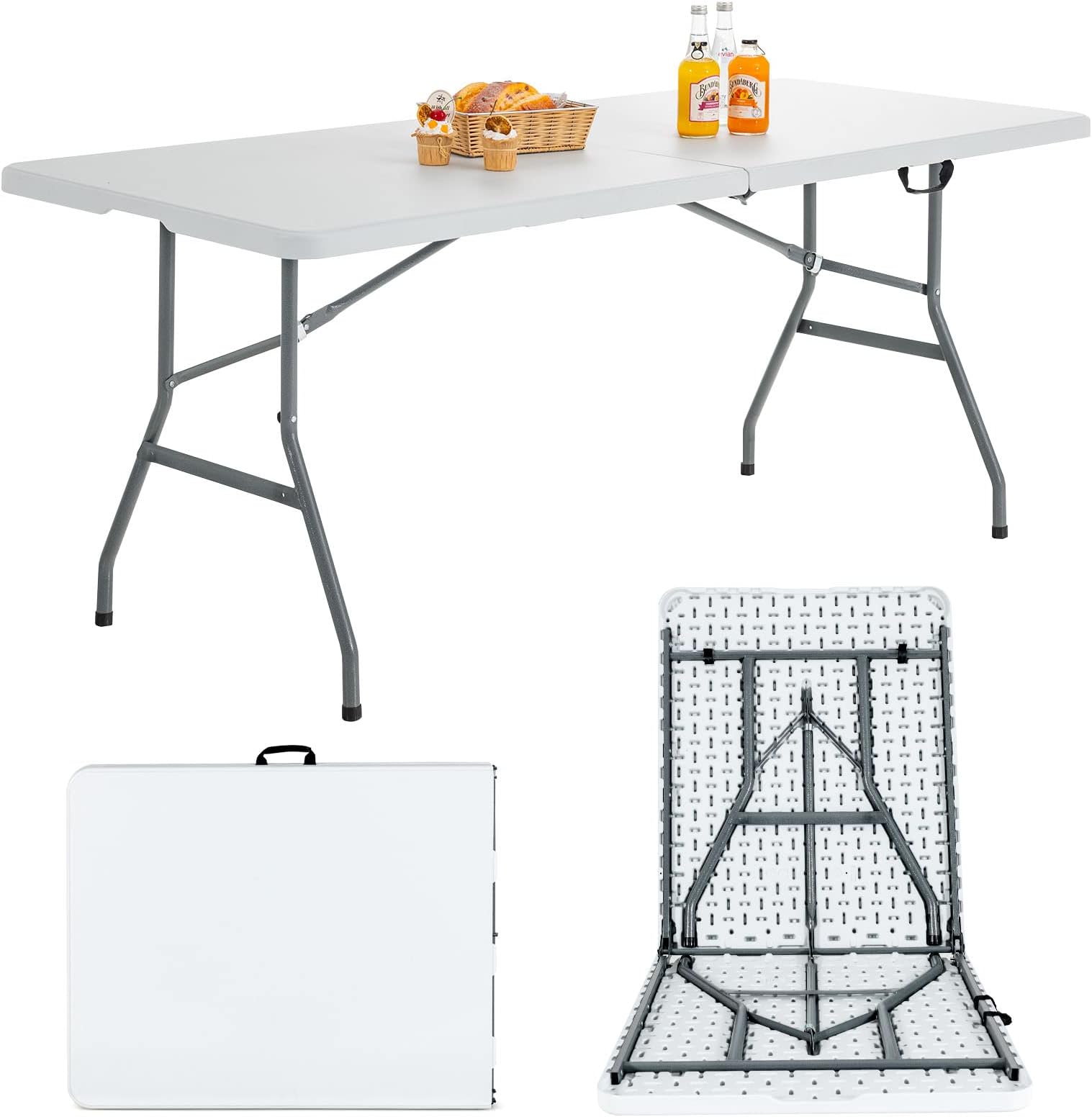 Goplus 6ft Folding Table, Indoor Outdoor Foldable Plastic Folding Tables, Heavy-Duty Rectangular Fold Up Table w/Handle, Portable Utility Card Table for Picnic, Party, Dining, Camping, Beach, White
