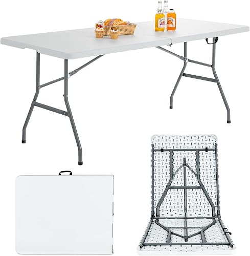 6ft Folding Table, Indoor Outdoor Foldable Plastic Folding Tables, Heavy-Duty Rectangular Fold Up Table w/Handle, Portable Utility Card Table for Picnic, Party, Dining, Camping, Beach, White