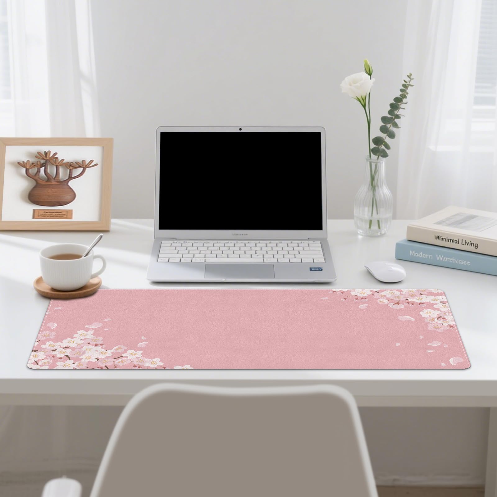 DINKY Large Leather Mouse Pad, Pink Cherry Blossoms Desk Mat for Desktop, Women Girls PVC Leather Waterproof Gaming Desk Protector Writing Pad for School Office Home 35.4" x 15.7"