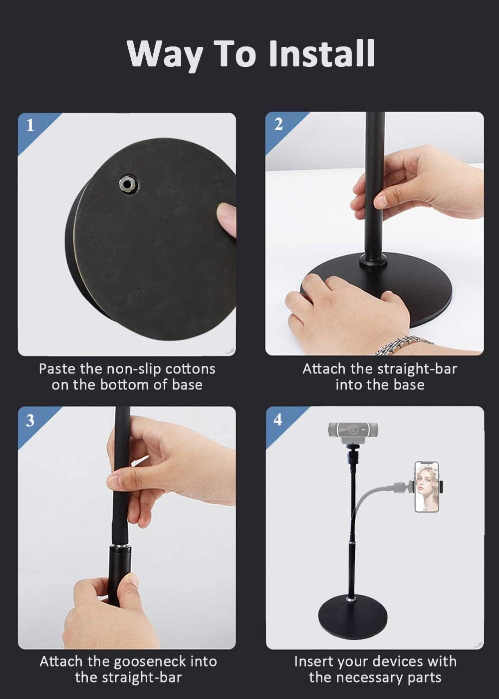 Tencro Support de téléphone flexible pour webcam - Col de cygne - Pour téléphones portables, webcam Logitech C922 C930e C920S C920 C615 et autres appareils avec filetage de 6,35 mm