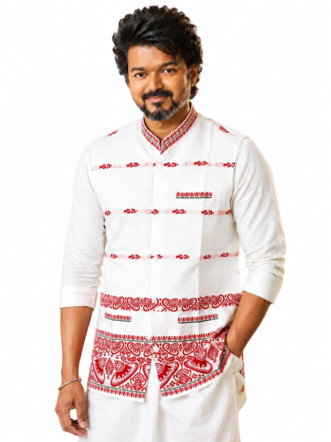 Men's White Waistcoat with Red Floral Embroidery, Ethnic Festive Nehru Collar Vest-picture-25