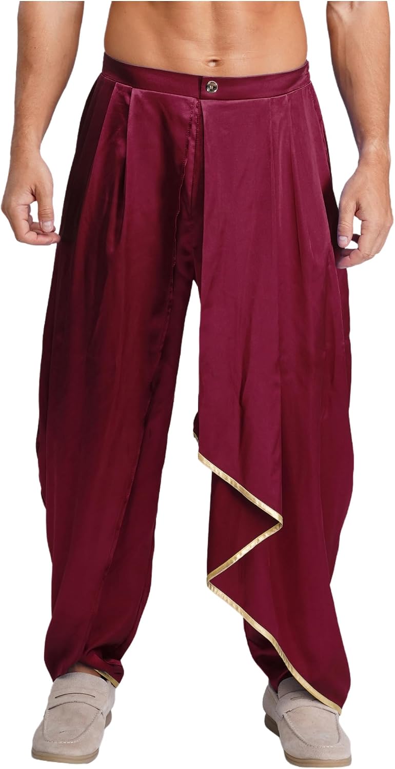 Jugaoge Mens Harem Pants Satin Baggy Dhoti Trousers Loose Boho Yoga Pants for Halloween Costumes