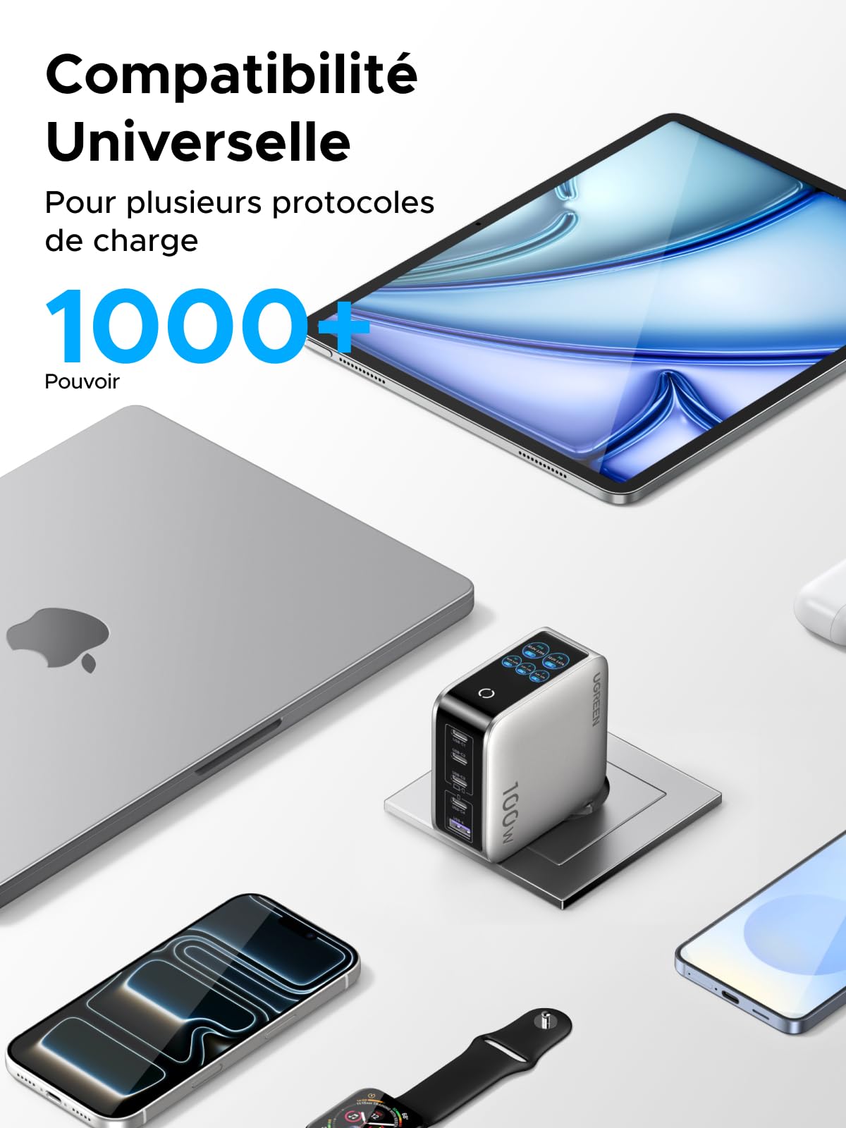 UGREEN Nexode Pro 100W Chargeur USB C Rapide 5 Ports avec Écran TFT GaN II Tech Compatible avec iPhone 17 Pro Max Air 16 15 14 13 12 Galaxy S26 S25 S24 Pixel 10 9 iPad MacBook Neo Air M5 M4 M3 M2 M1