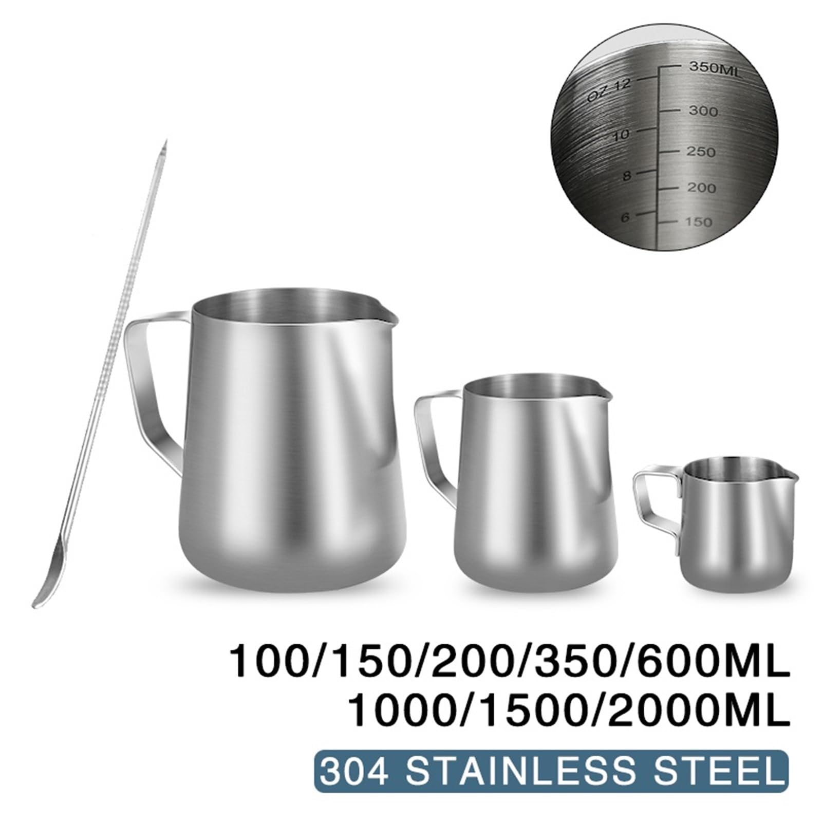 Jarra de espuma leche, recipiente acero inoxidable 100ML, 350ML, 600ML, tazas café, Latte, Barista, Espresso, accesorio, 2 uds para Latte Art(350ML With Scale)