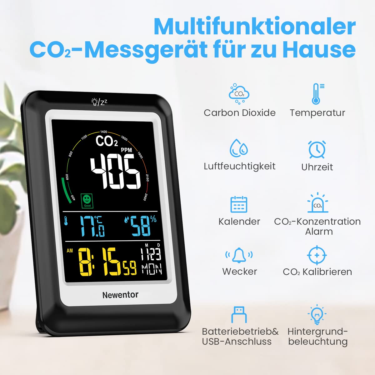 Newentor CO2 Messgerät, NDIR, 4 CO2-Konzentrationsstufen mit Alarm, Batteriebetrieb & USB-Anschluss, Schwarz