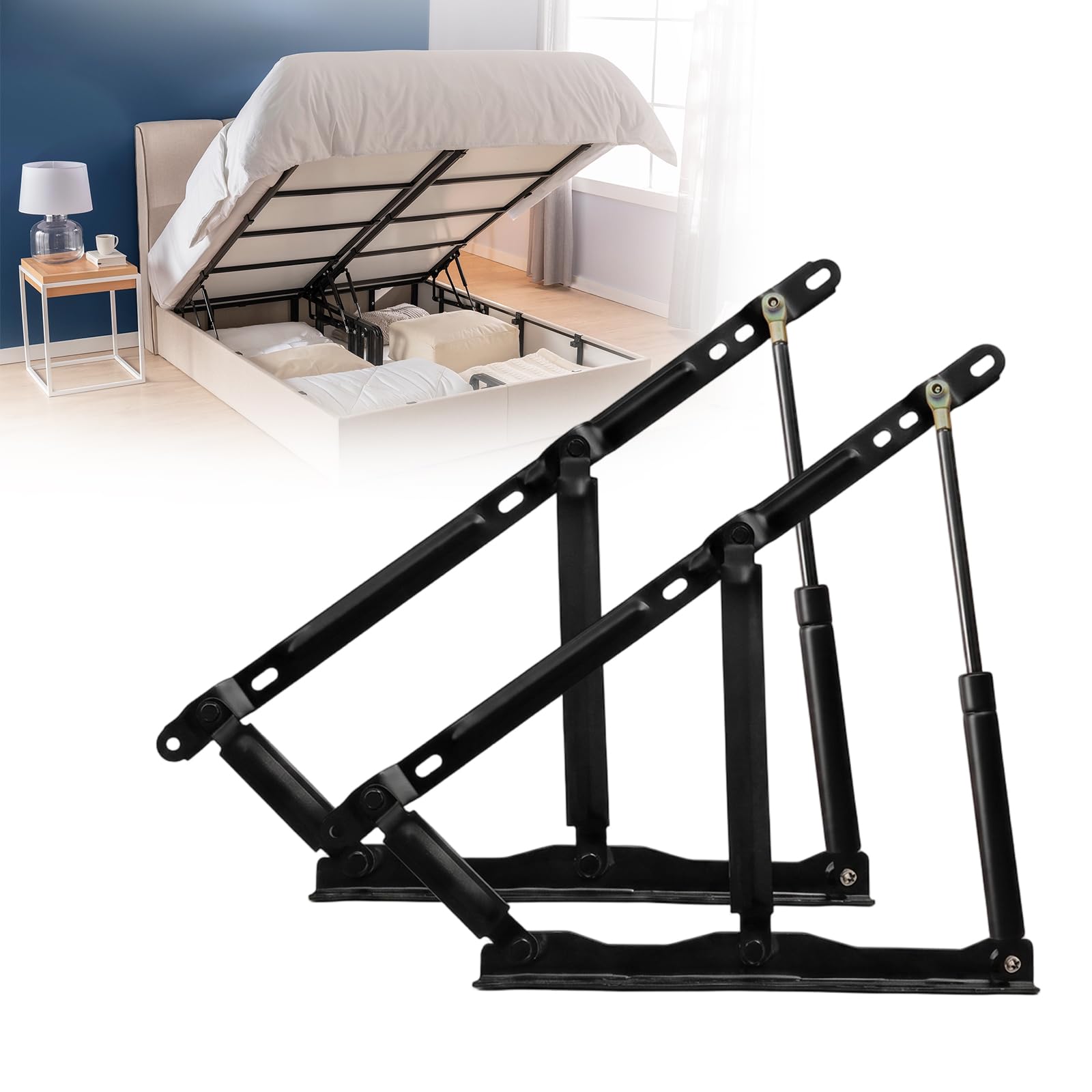 2 Stück Gasdruckfeder 900N/90kg, Gasdruckdämpfer Bettkasten Hebemechanismus, Schwerlast Hebescharniere für Bett mit Stauraum, Klappmechanismus Lift Up Feder, Stahl Möbelbeschlag für Sofa & DIY