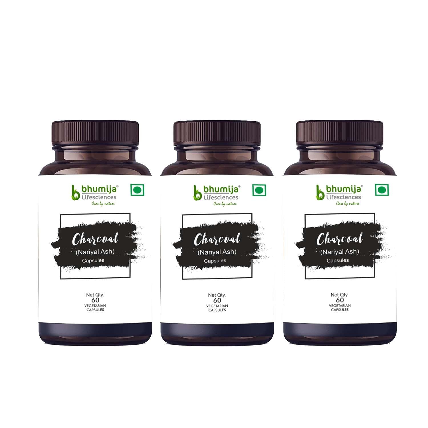 Bhumija Lifesciences Charcoal (Nariyal Ash) Capsules 500 MG | 60 Vegetarian Capsules | Helps Reduces Gas & Bloating | Digestive Health | Natural Detoxifier | Dietary Supplement (Pack of 3)