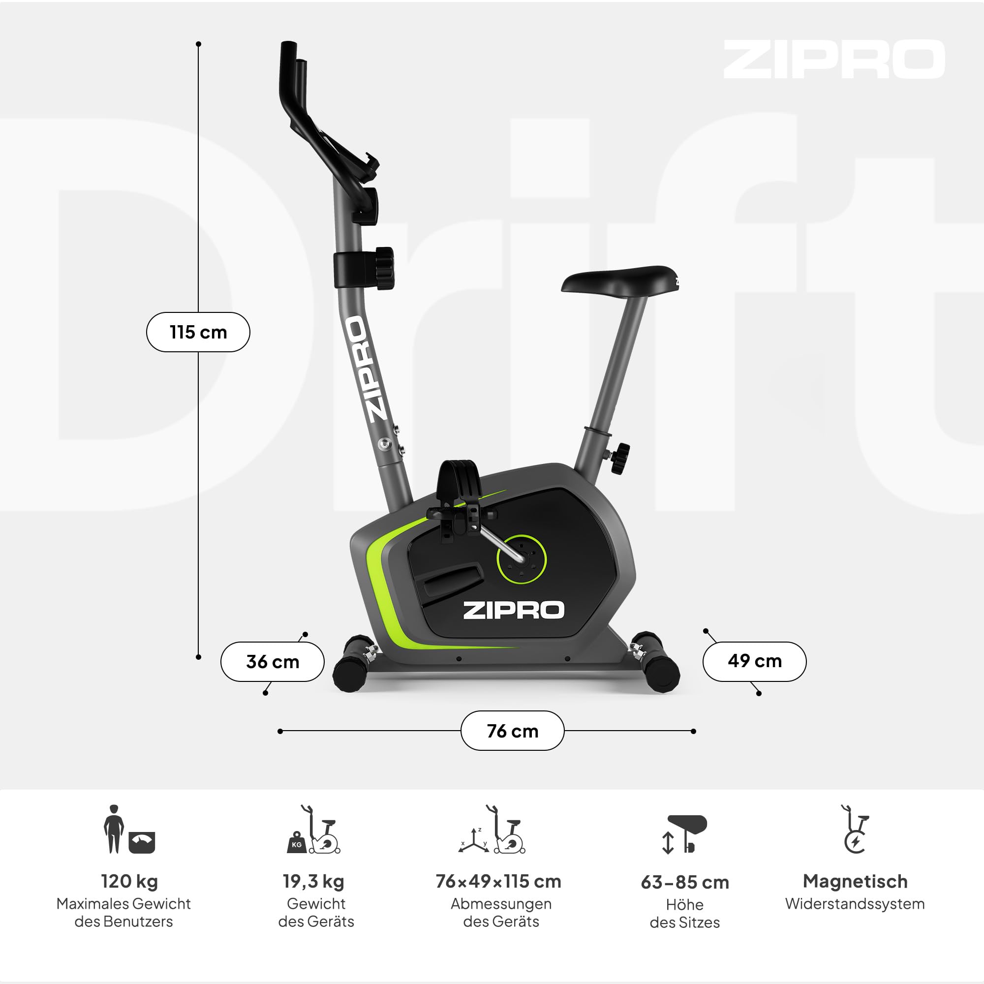 Zipro Heimtrainer Fahrrad Drift, Ergometer Fitnessbikes, Magnetisches Fahrradtrainer, Ergometer Fahrrad bis 120kg, Indoor Bike, Trainingsfahrrad für zuhause, Fahrradergometer Batteriebetrieben