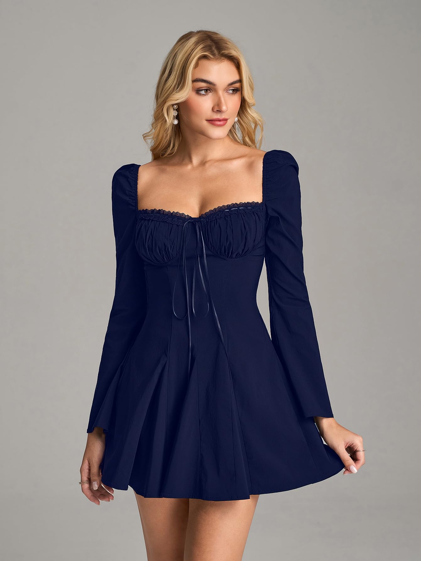 EYNMIN Long Sleeve Mini Dress Lace Sweetheart Neckline Flowy A Line Short Going Out Dresses for Women: Navy X-Large