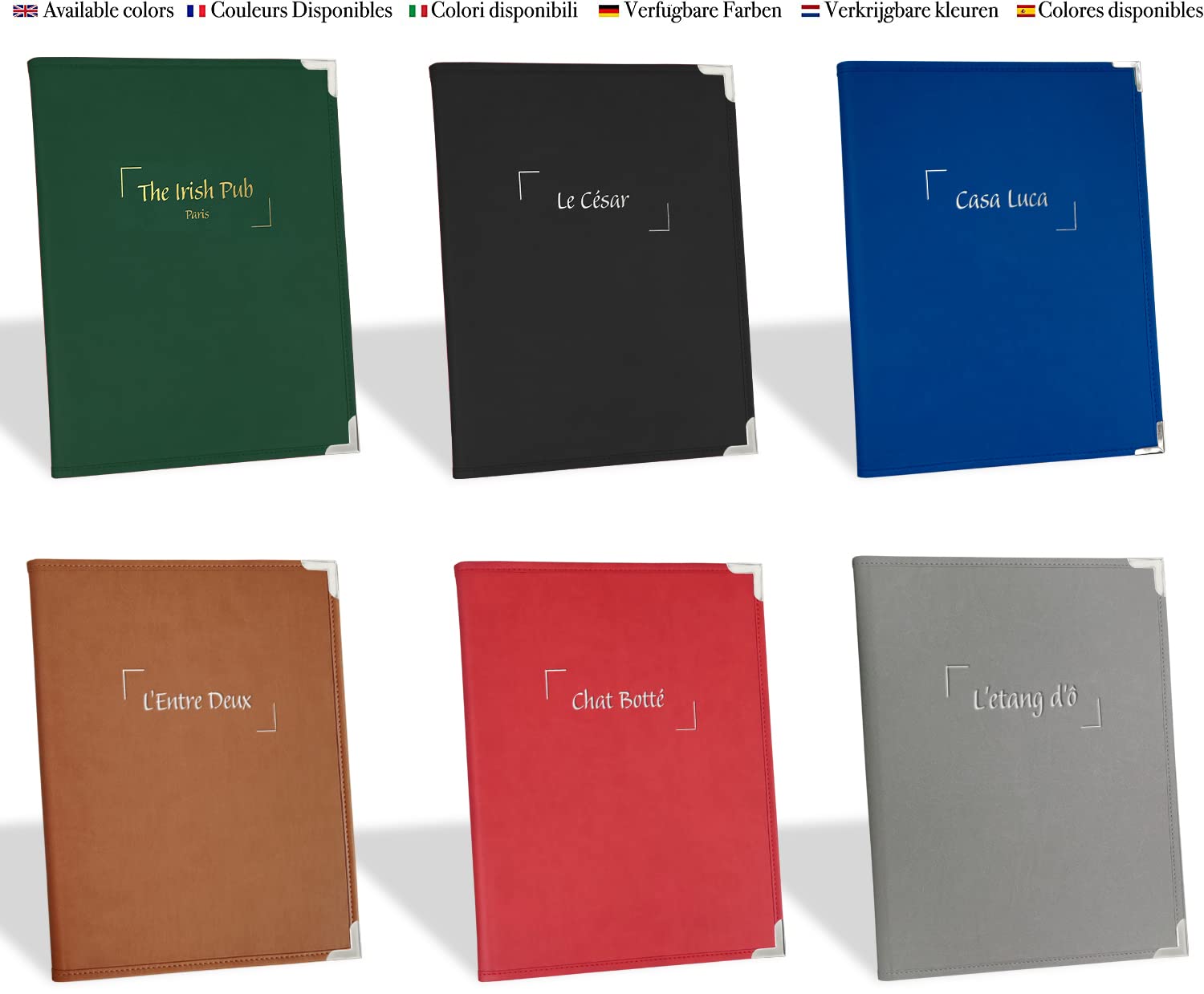 Protege Menú A4 Personalizado (x10) Negro Gris Azul Marrón Verde Rojo - 2 páginas, Portamenú de mesa de piel sintética con el nombre de su establecimiento (Rojo)
