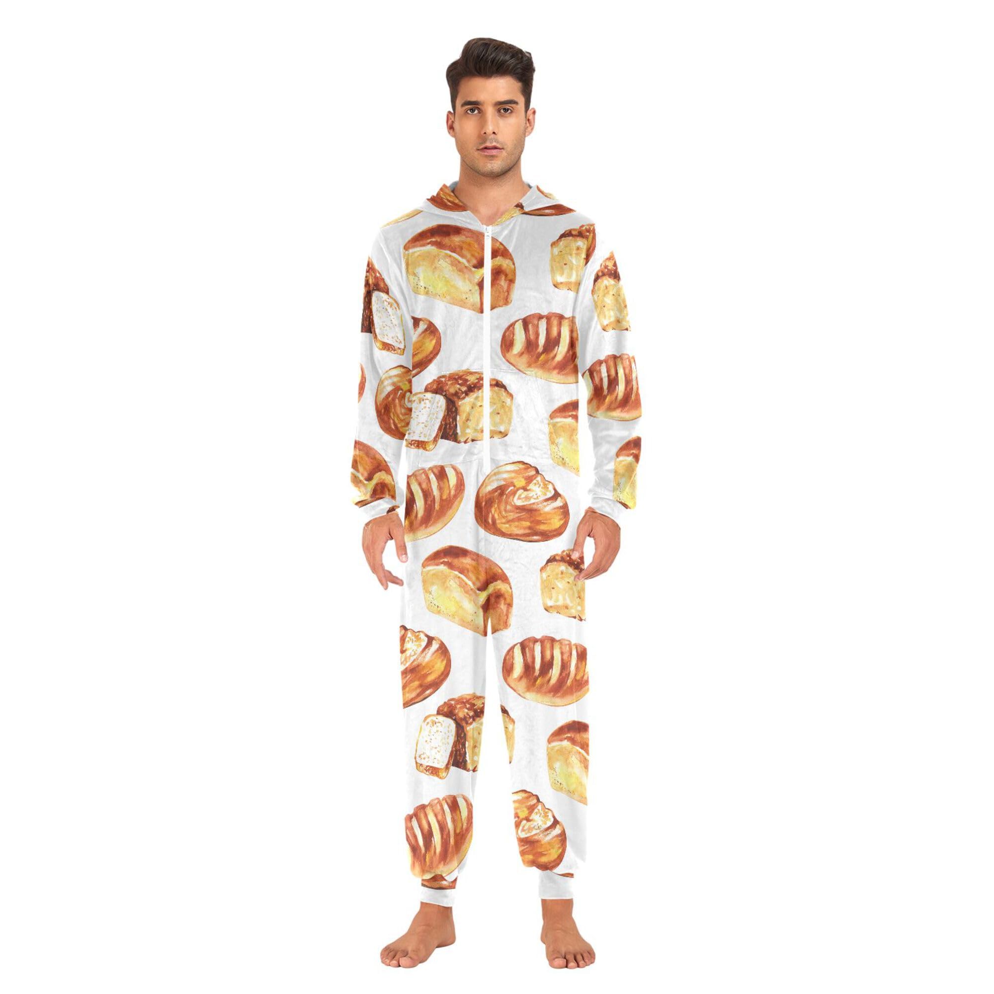 Pijama enterizo con capucha para adultos, con estampado de pan, cómodo pijama de una pieza para mujeres y hombres