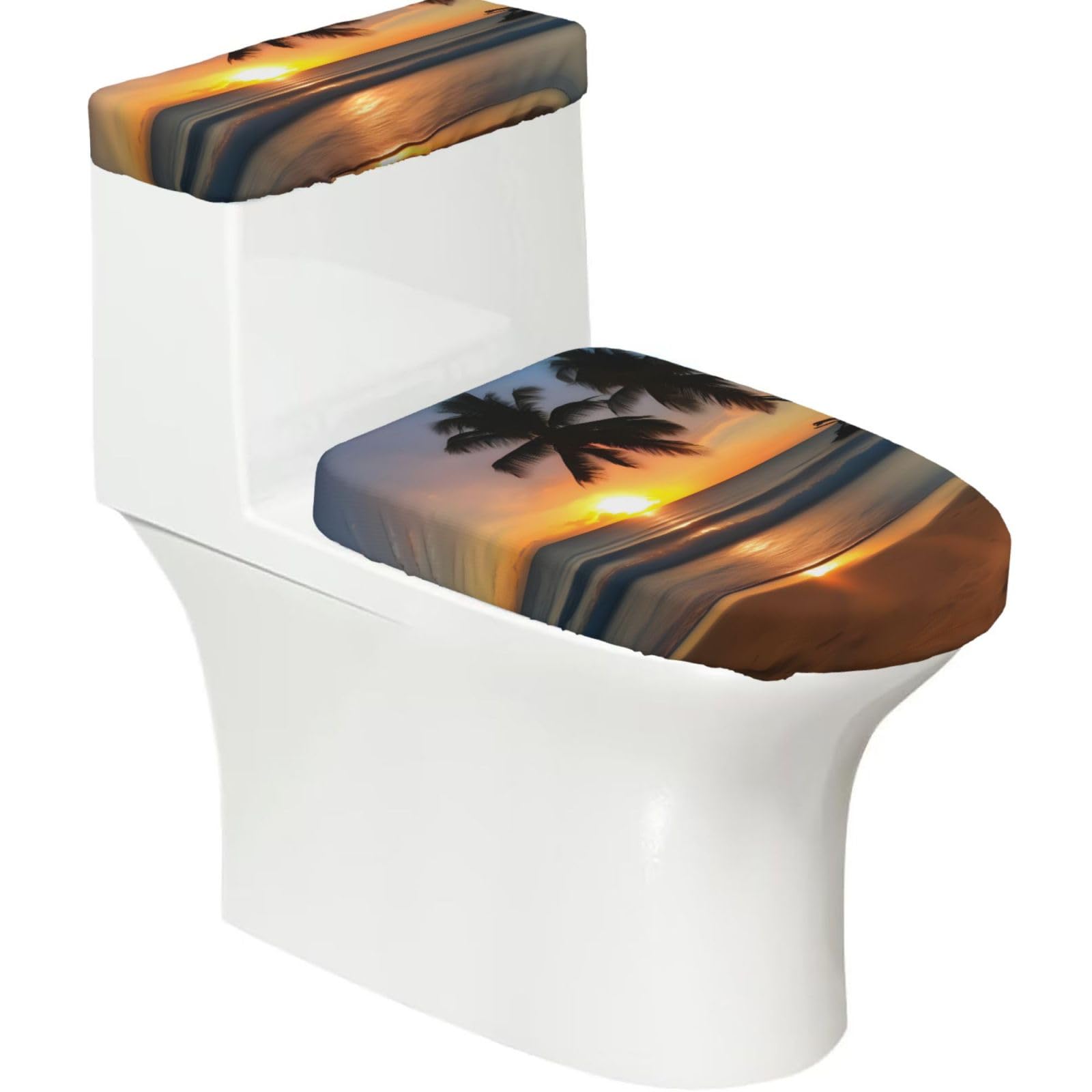 Cntdbu Black Sunset Beach Stretchy Toilet Lid And Tank Cover Set-Soft Elastic Bathroom Decor For U Shape Oval