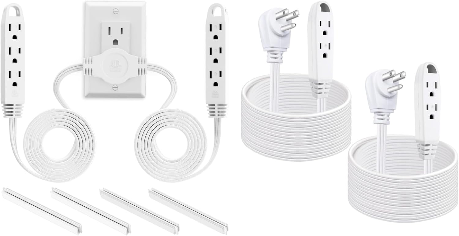 K KASONIC 3 Prong 12 Feet Twin Extension Cord Power Strip + 12 Feet 3
