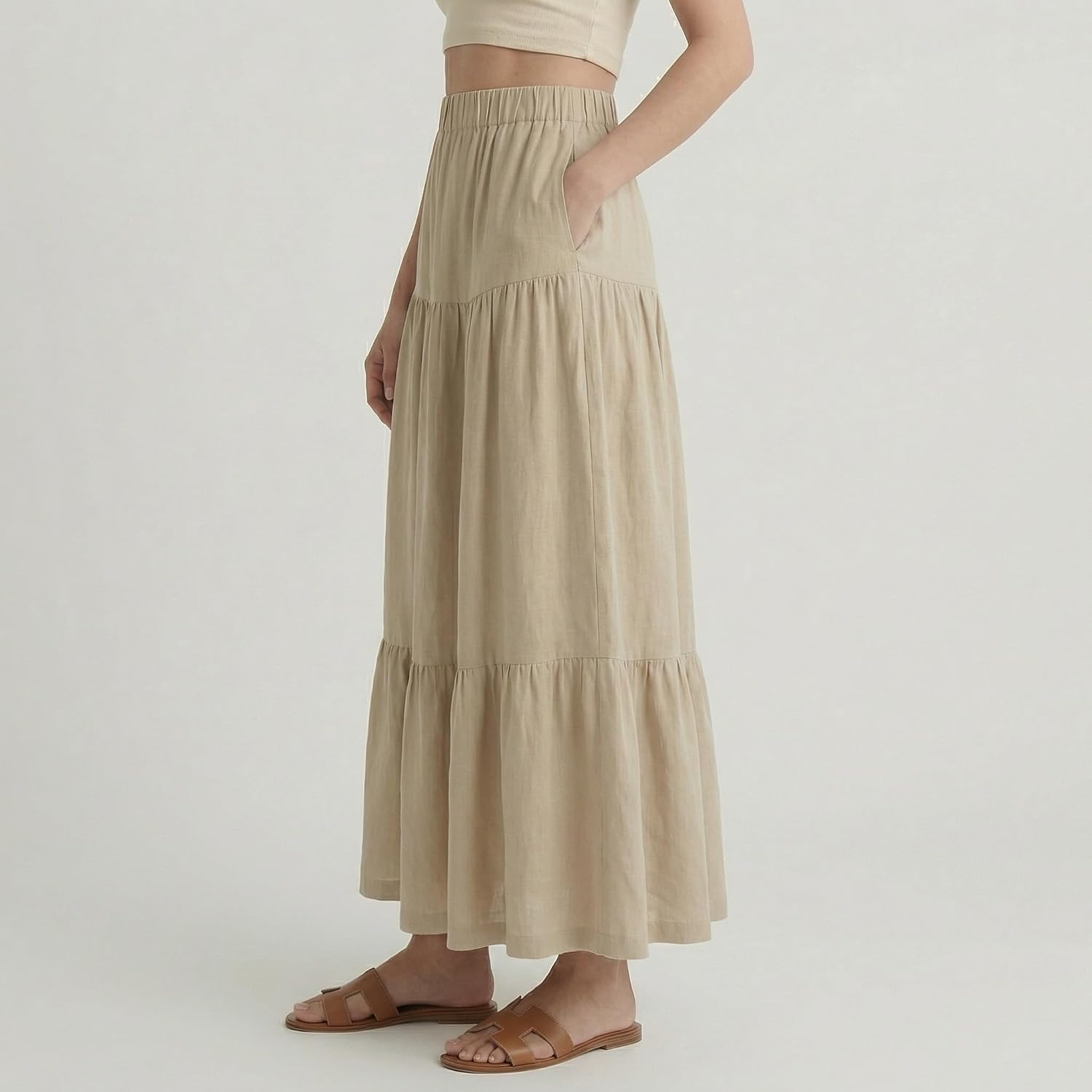 Women’s Linen Blend High Waisted Maxi A-Line Long Skirt with Pockets Breathable Casual All Season