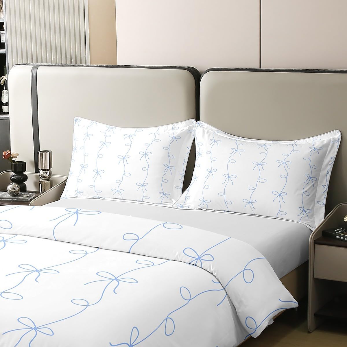 Erosebridal Bowknot Bedding Set for Girls Kids Teens Blue Abstract Geometric Stripe Pattern Comforter Cover Aesthetic Coquette Butterfly Knot Tie Duvet Cover Comfy 100% Cotton Queen Size