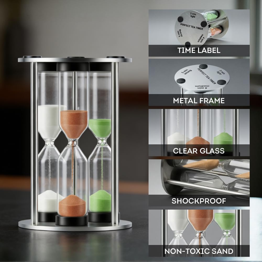 Lily's Home Minuteur à thé parfait 3 en 1 de 8,9 cm de haut, comprend des sabliers de sable de 3, 4 et 5 minutes, utilisation pour faire du thé ou garder le temps dans la cuisine, cadre en acier
