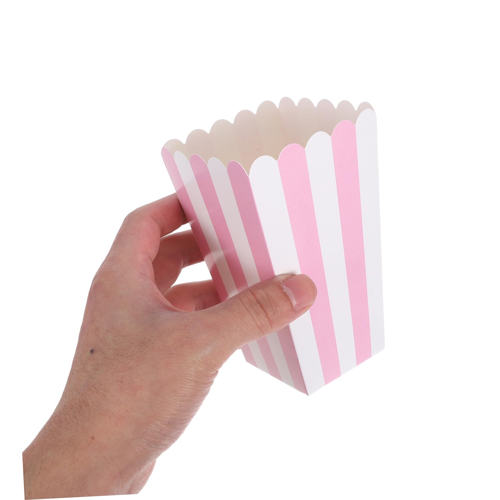 Gestreifte Popcorn Eimer aus Papier 100 Stück, Klein, Rosa | Wellenrand, Ölresistent und Stapelbar, für Festliche Anlässe Sowie Kinoabende