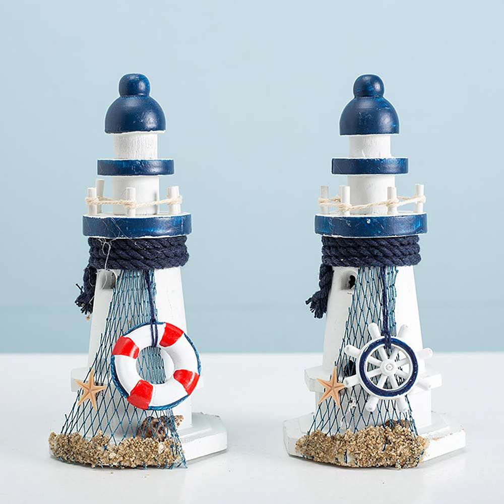 Sculpture Drewniana latarnia morska światła wieży Dekoracje Dekoracje Miniatur Starfish Shulls Handmade Desktop Dekoracyjne Ozdoby rzemiosła Statue