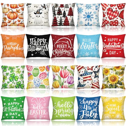 Mindsoft 20 Pcs Holiday Pillow Covers 18 x 18 Inch Seasonal Throw Pillow Covers Fall Halloween Decorative Pillowcase Pumpkin Ghost Pillowcase Cushion Case for Farmhouse Home Couch Sofa Decor