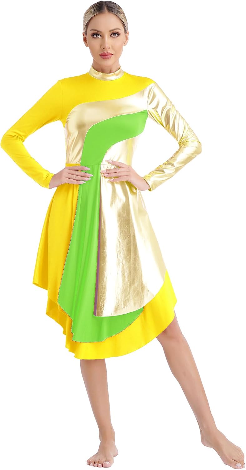 Womens Liturgical Praise Dance Dress Metallic Color Block Long Sleeve Asymmetrical Hem Lyrical Worship Costume