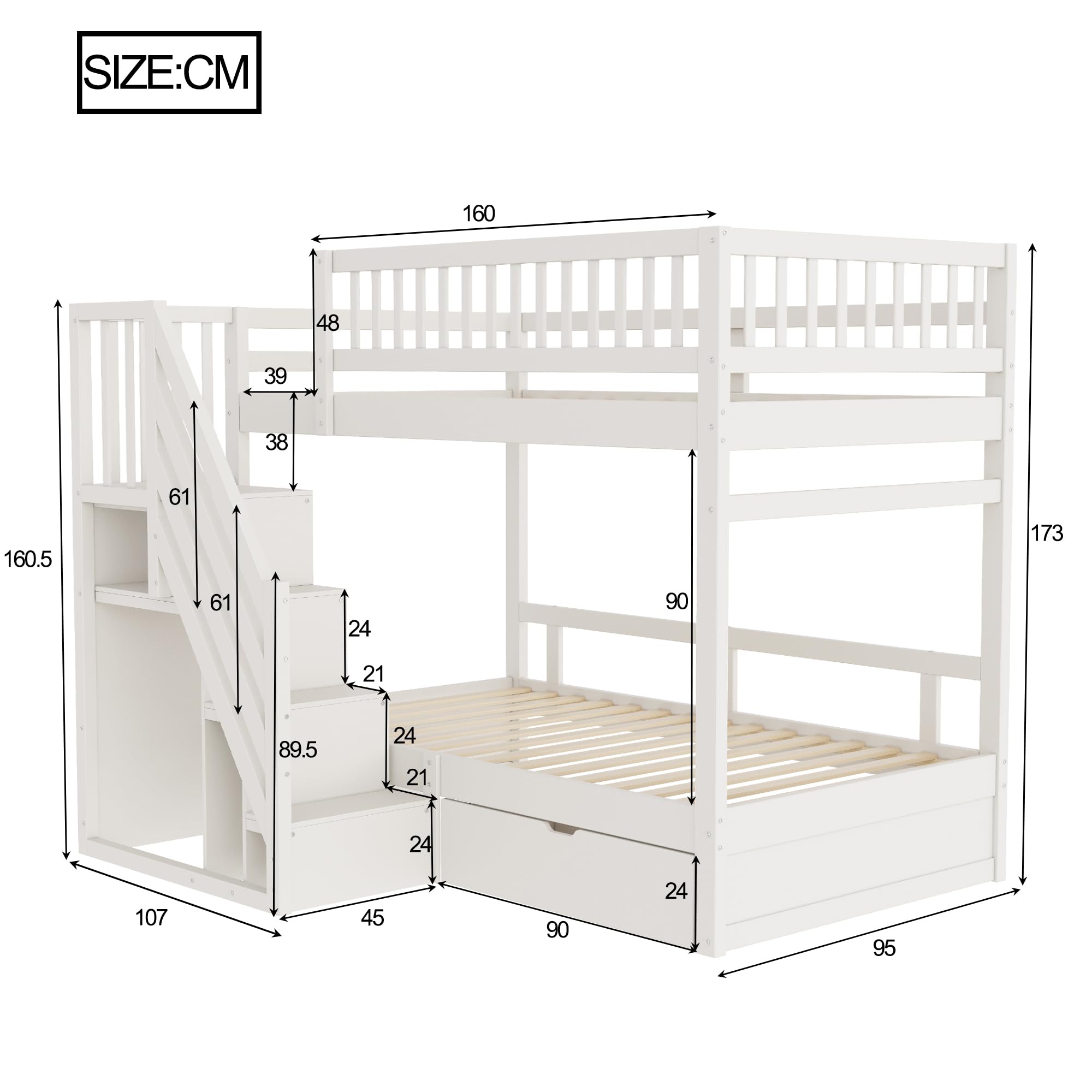 Soweiz Lettino per bambini 90 x 200 cm, in legno massello con rete di sicurezza elevata, con rete a doghe, scala di sicurezza con vano portaoggetti, letto per ragazzi (bianco)