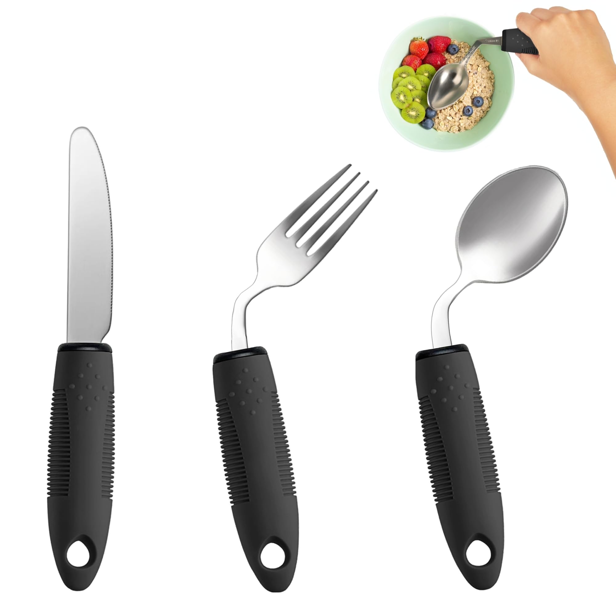 Juego de utensilios adaptativos de 3 piezas, utensilios de Parkinson en ángulo de 42°, utensilios pesados de 2.5 onzas para pacientes con temblores y Parkinson, cubiertos pesados de fácil agarre para