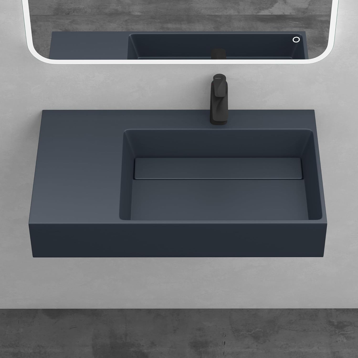 Mai & Mai Matt Anthracite Bathroom Sink Basin Countertop Wash Basin | Cast Stone Resin Sink Rectangular | Solid Surface Wall Mounted With Drain Cover Right Basin | Wdh：75x43x14cm Col12r